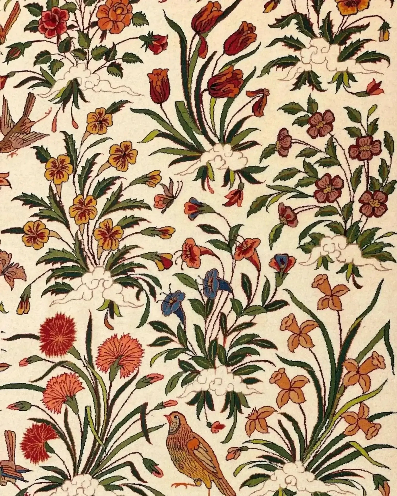 "Elegant Persian area rug with a detailed floral and bird design, handwoven in Isfahan, wool and silk blend, 240x160 cm."